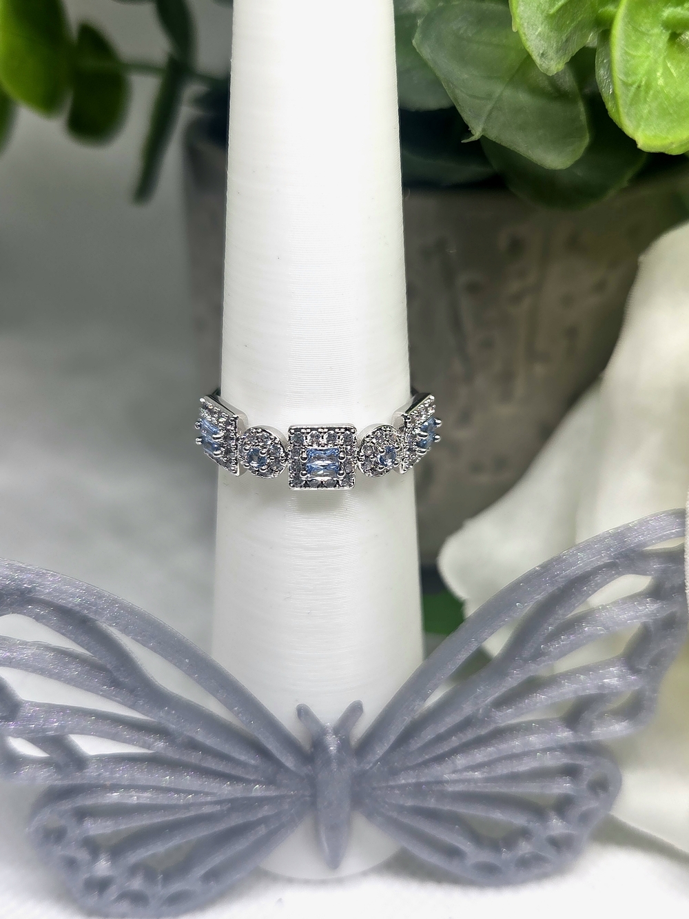 BP Aqua Blue CZ Accent Ring On Rhodium Plating
